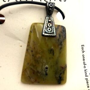 African Opal Stone Statements Green Necklace Pendant Leather Cord Silver Tone